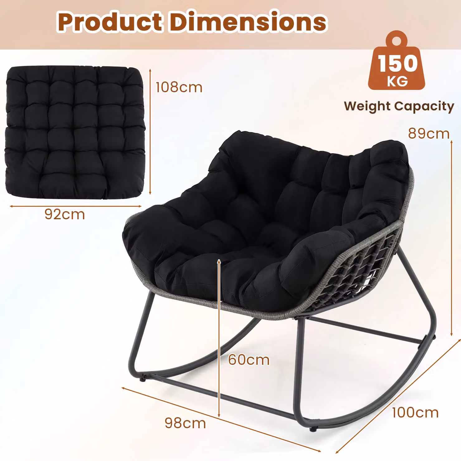 Gymax Oversized Outdoor Rocking Egg Chair with PE Wicker and Cushion in Black – 5