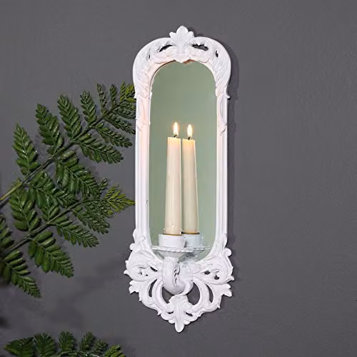 Melody Maison Ornate White Shabby Chic Wall Mirror Candle Holder Sconce – 1