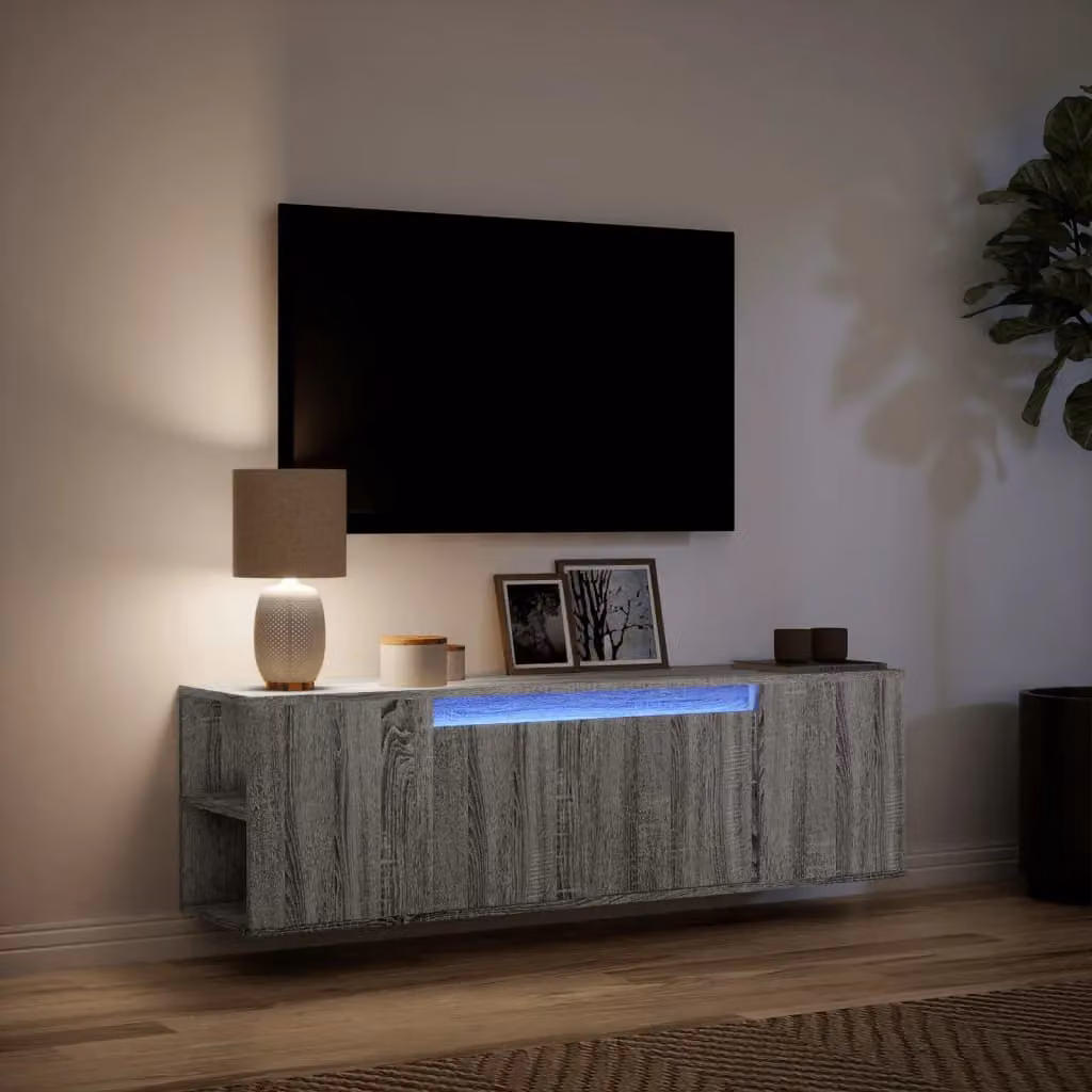 Berkfield Home Modern TV Wall Cabinet with LED Lights in Grey Sonoma, W: 135 cm, D: 31 cm, H: 39.5 cm – 2