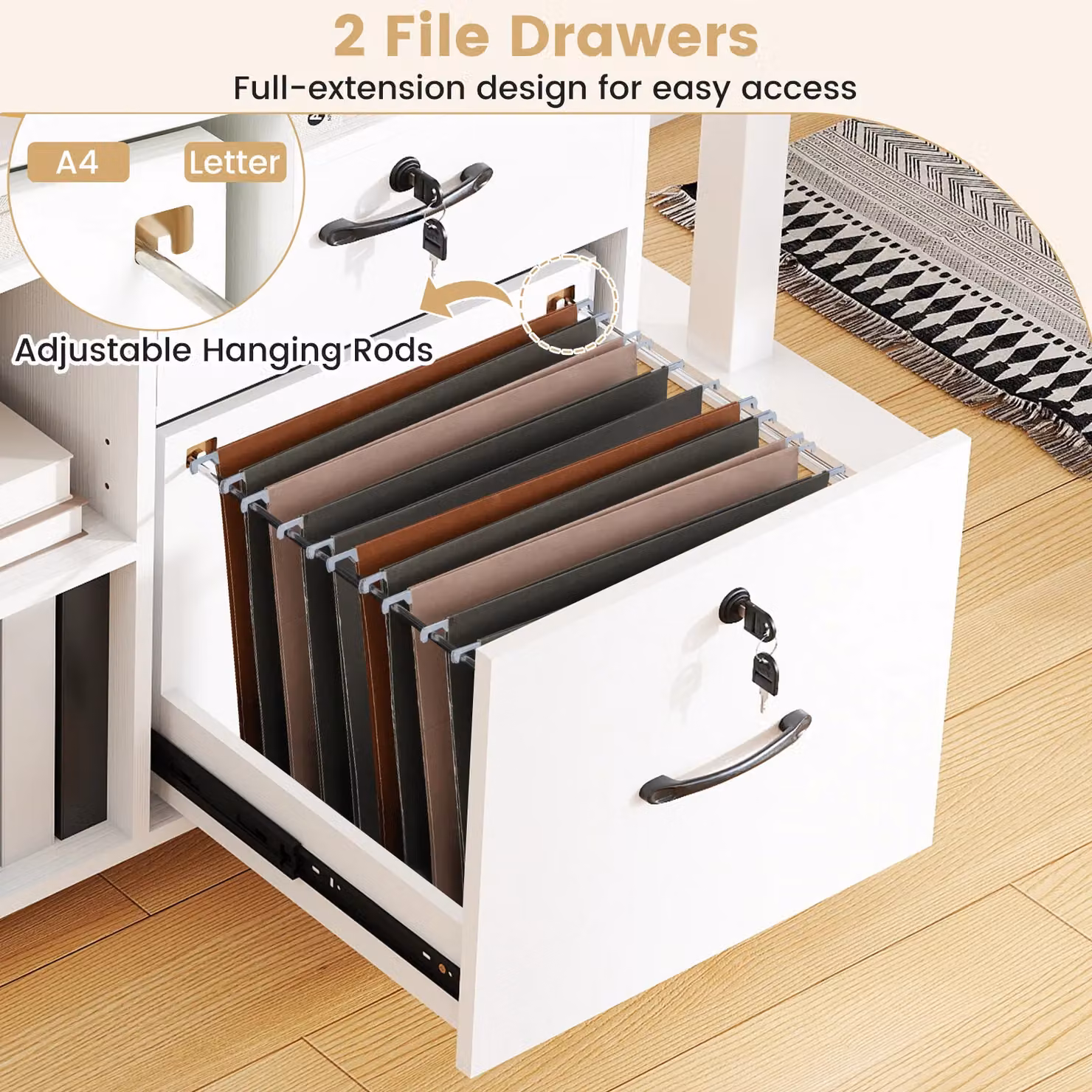 Costway Mobile Lateral File Cabinet Storage Organiser with Lock in White – 5