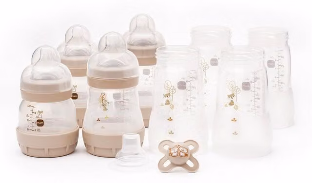 MAM Easy Start Anti-Colic Baby Bottle Set, 3-Piece Wide Neck Starter Kit in Beige and Transparent