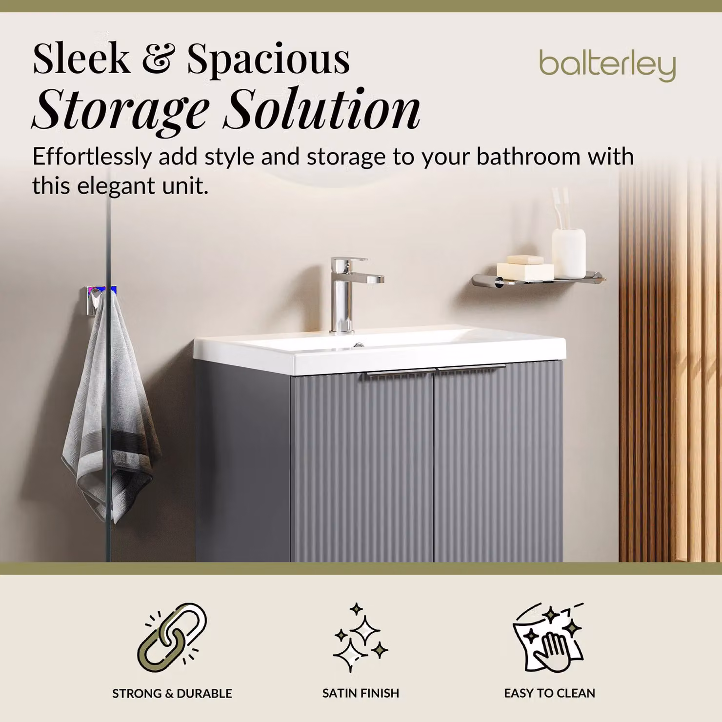 Balterley Fluted Front Floor Standing 2 Door Vanity Basin Unit, Satin Grey, W: 60 cm, H: 85 cm – 2