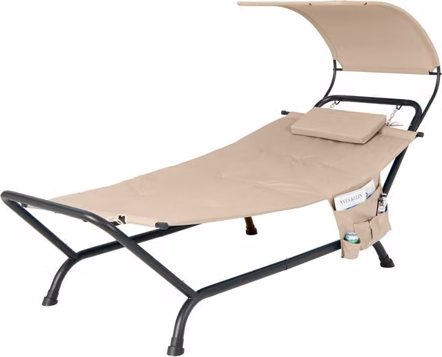 Costway Patio Hanging Chaise Lounge Chair Hammock with Stand and Sun Canopy in Beige and White