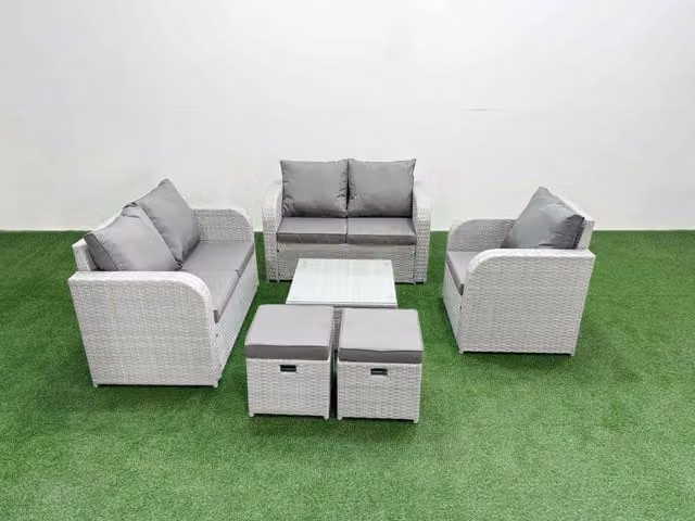 Fimous Light Grey Poly Rattan Garden Furniture Set with 2 Seater Sofa, Reclining Chair, Coffee Table and Ottoman
