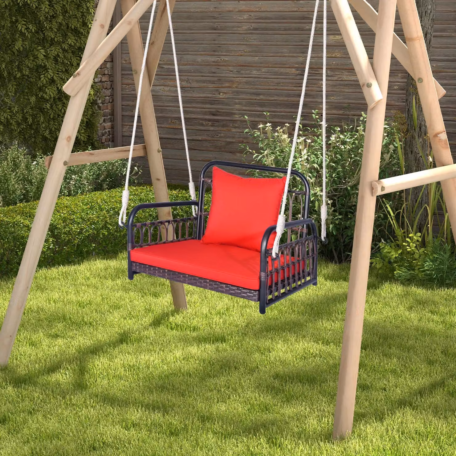 Costway Red Rattan Woven Hanging Porch Swing Rocking Chair with Cushion and Rope – 3