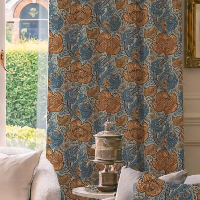 HOUSE Llewelyn-Bowen Down The Dilly Printed Velvet Made To Measure Thermal Insulating Curtains in Cerulean Blue and Gold