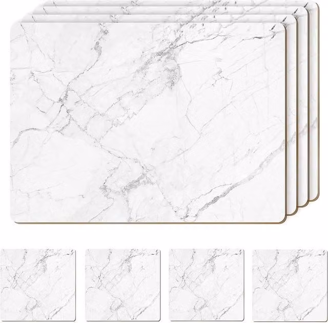 PAWNORA White Marble Effect Rectangular Placemat and Coaster Set