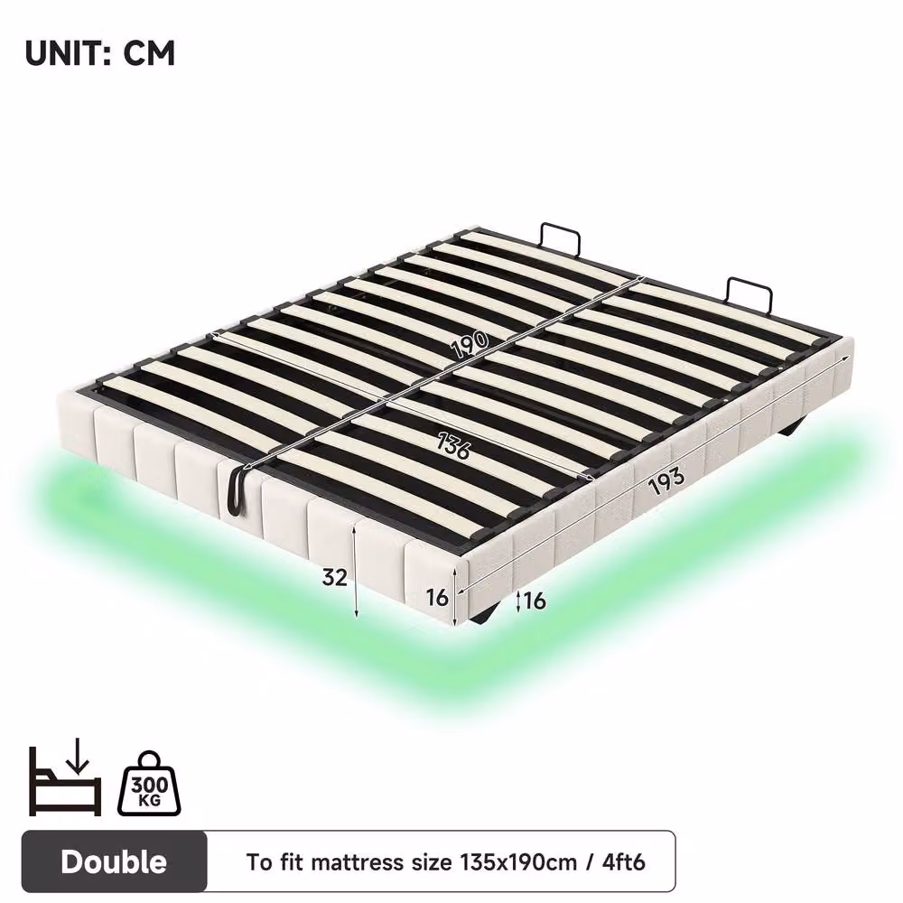 ModernLuxe Floating Upholstered Double Bed with Ottoman Storage and LED Lights in Beige, W/D/H: 140 x 200 cm – 5