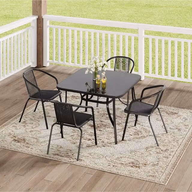 Komore Black Rattan Patio Set with Tempered Glass Table and 4 Chairs