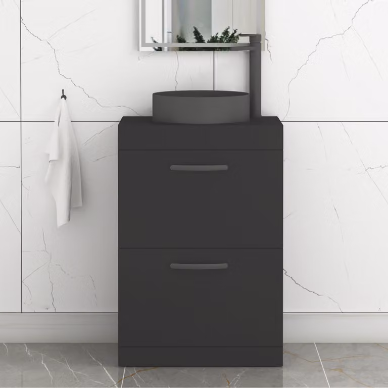 Royal Bathrooms Turin 600mm Floor Standing 2 Drawer Vanity Unit in Matt Black with Art Round Countertop Basin and Brushed Brass Handle