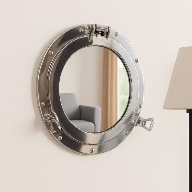 Melody Maison Silver Metal Maritime Porthole Round Wall Mirror, W/D/H: 28 x 28 x 1 cm – 1