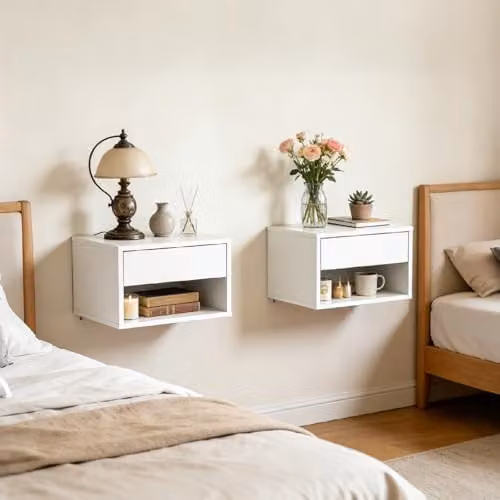 Levede Set of 2 Floating Bedside Tables, Wall Mounted White Nightstands with Drawer and Open Shelf, W/D/H: 37 x 32 x 21 cm – 2