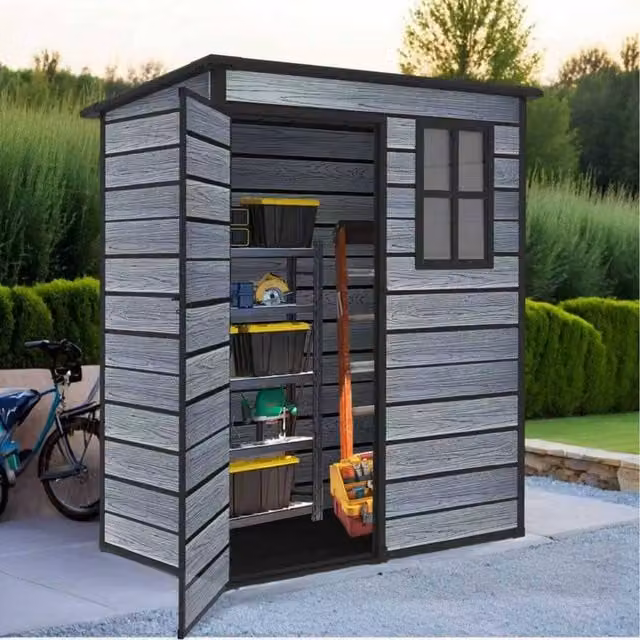 BIRCHTREE Grey Plastic Garden Storage Shed with Wood Grain Effect, W/D/H: 151 x 92 x 194 cm