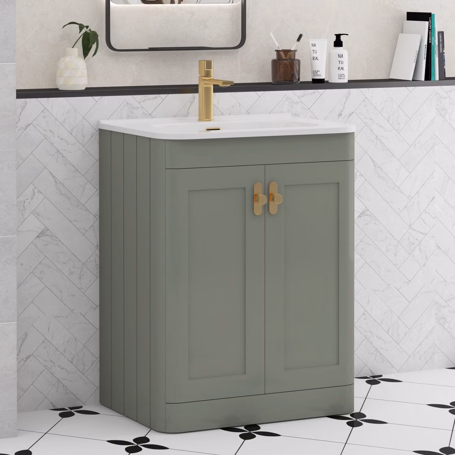 Royal Bathrooms Henley 600mm Sage Green Floor Standing 2 Door Vanity Unit with Ceramic Basin and Brushed Brass Knob