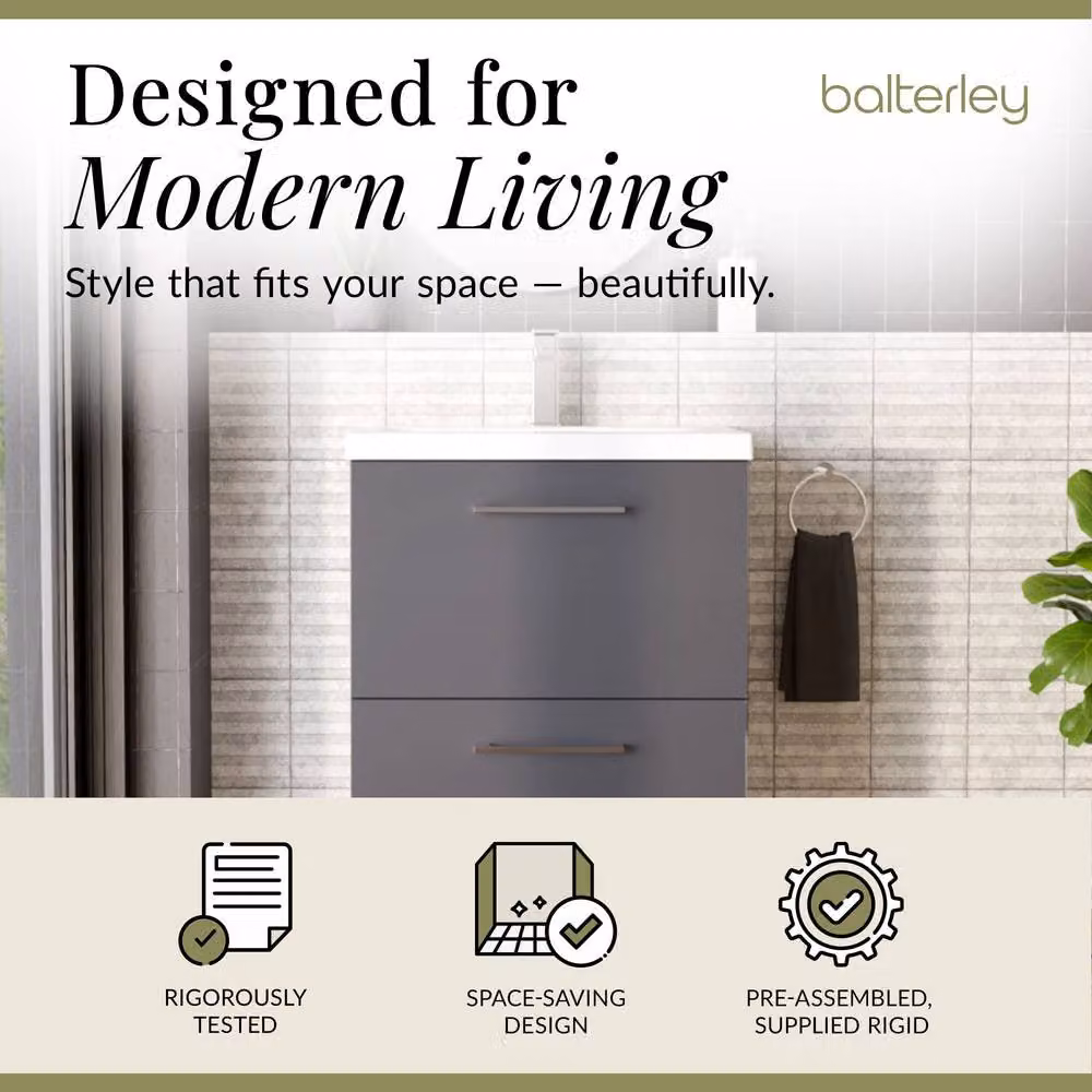 Balterley Modern Floor Standing Bathroom Vanity Unit with 2 Soft Close Drawers and Mid-Edge Basin, Grey, W/D/H: 61 x 39 x 84 cm – 2