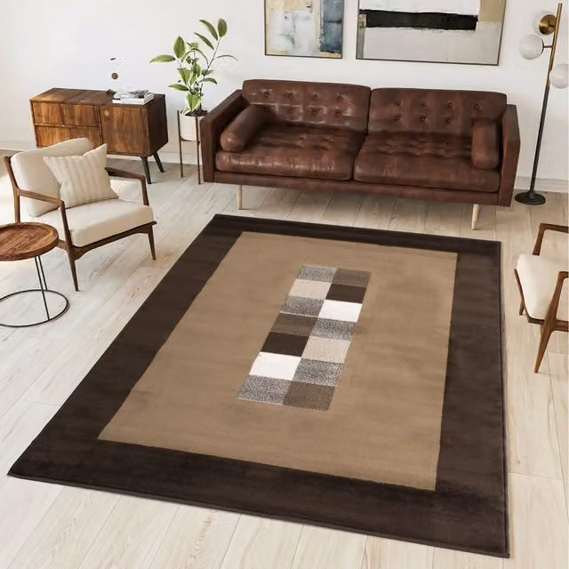 The Rug House Bordered Geometric Modern Rectangular Rug in Brown, W: 365 cm, D: 280 cm
