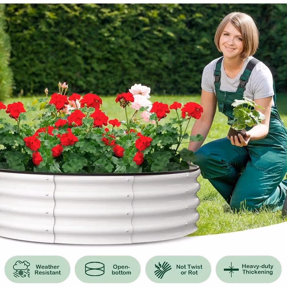 VOGREX 2-Piece Round Galvanised Steel Raised Garden Beds in White, W/D/H: 121.92 x 121.92 x 30.48 cm – 5