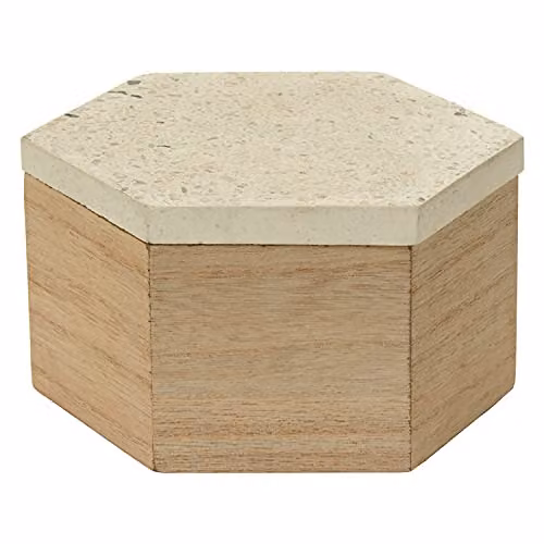Premier Housewares Small Terrazzo Lid Trinket Box in White and Beige with Solid Wood Base – 1