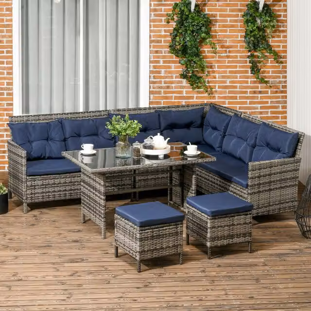 Outsunny 6 Piece Modern Rattan Sofa Set in Dark Blue