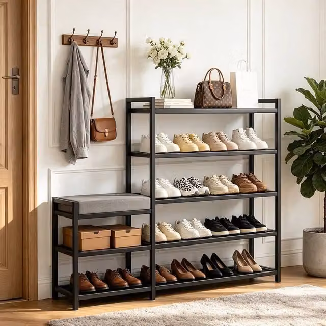 EONLION Black Modern Shoe Storage Rack and Bench Organiser – 1