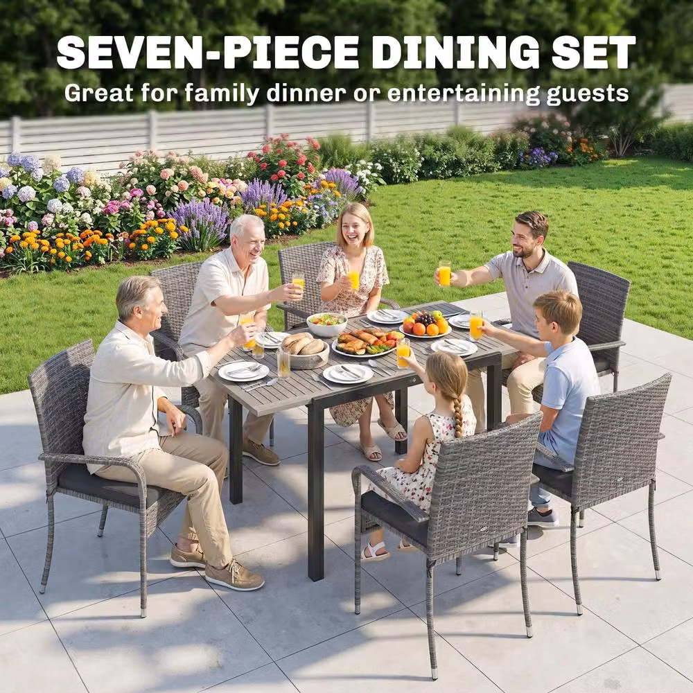 Outsunny 7 Piece Extendable Rattan Garden Furniture Set in Light Grey with Acacia Wood Table – 2