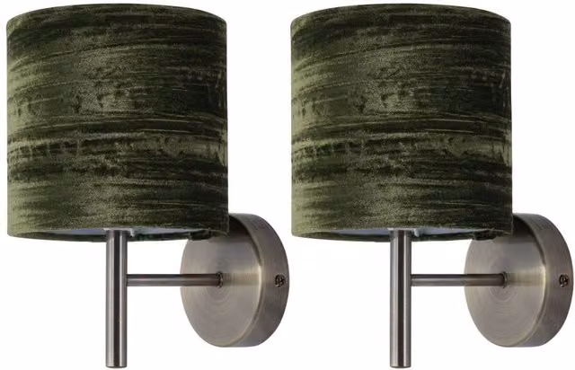 First Choice Lighting Brea Set of 2 Antique Brass Wall Lights with Green Velvet Shades