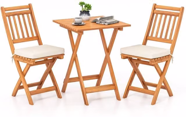 Costway Acacia Wood Folding Bistro Set with White Cushions for Garden, Terrace or Balcony