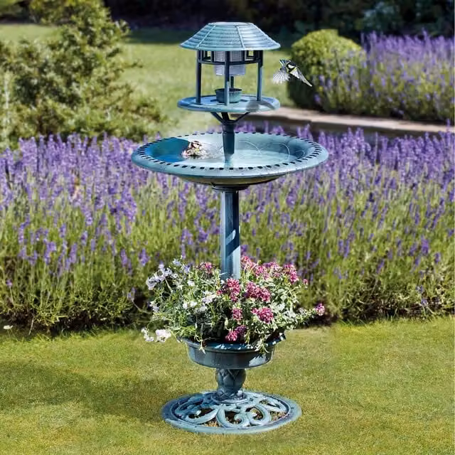 Happy Beaks Bird Hotel with Solar Light and Bird Bath, Green