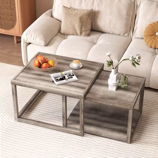 Costway Set of 2 Nesting Rectangular Coffee Tables in Grey Rustic Rubberwood – 1