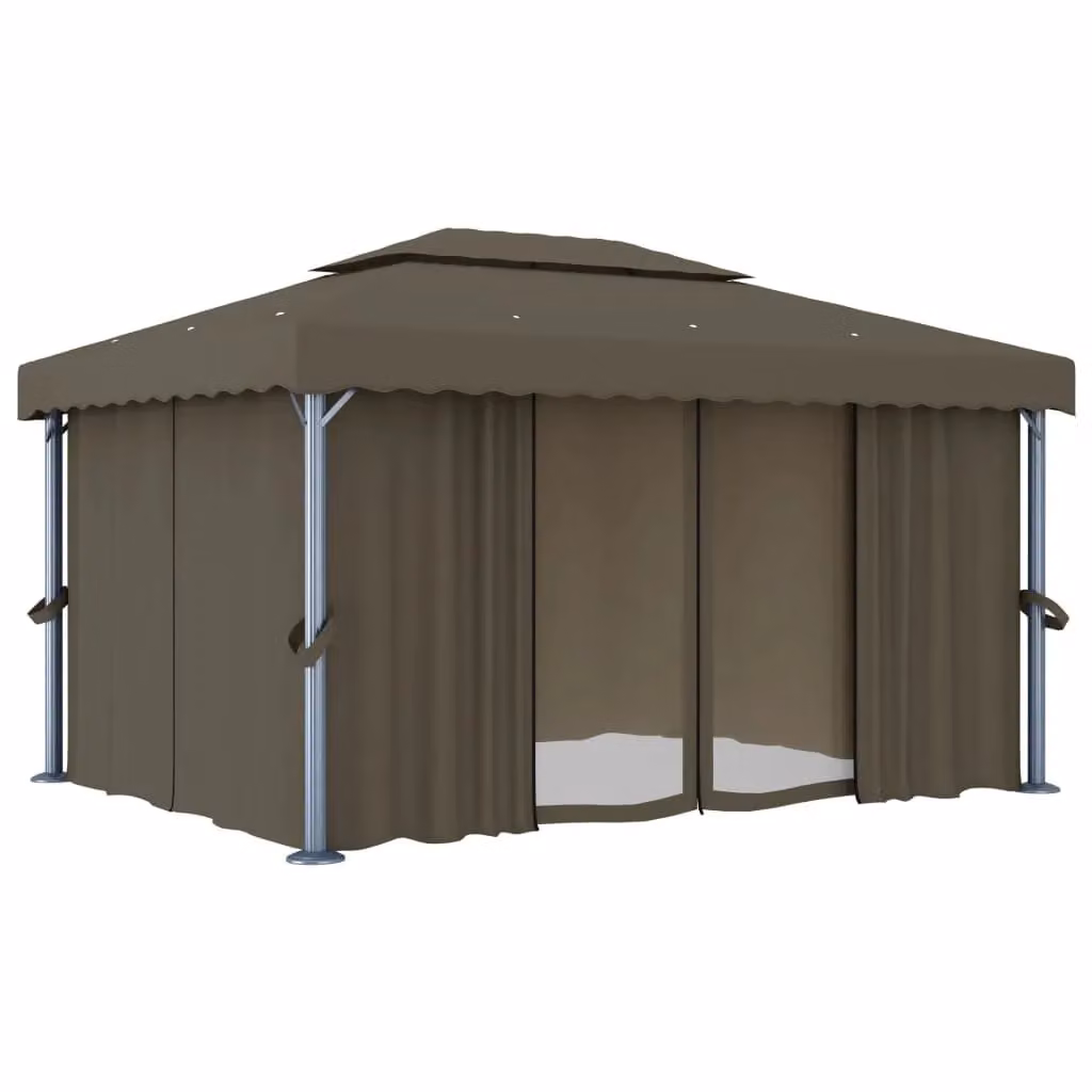 Berkfield Home Gazebo with Curtains and LED String Lights, Beige, W/D: 4 x 3 m