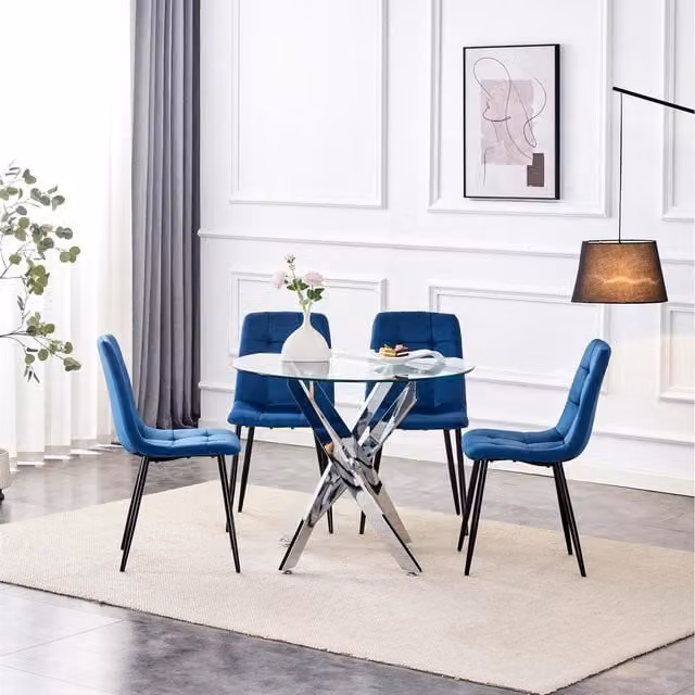 Kosy Koala Maya Modern Round Glass Dining Set with 4 Chairs in Blue