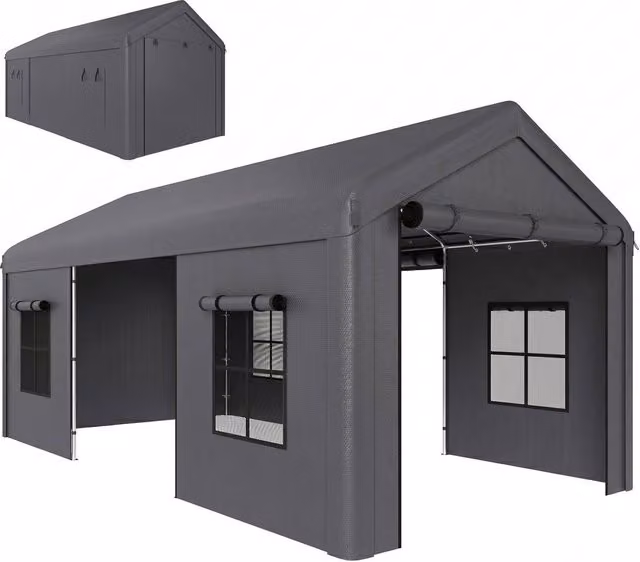 OUTSUNNY Heavy Duty Gable Carport with 3 Doors and Windows, Dark Grey, W: 600 cm, D: 300 cm, H: 282 cm