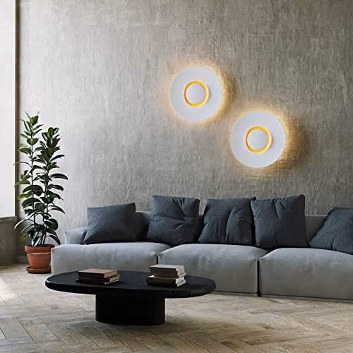 Leds C4 Modern Round LED Up and Down Wall Light in Gold/Brass and White with Glass – 2