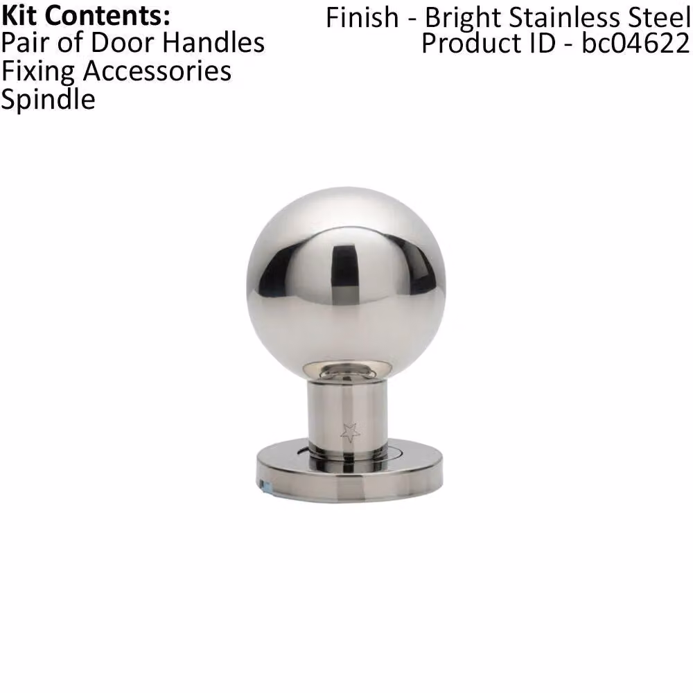 Loops Pair of Bright Stainless Steel Ball Mortice Door Knobs, 55mm Diameter – 2