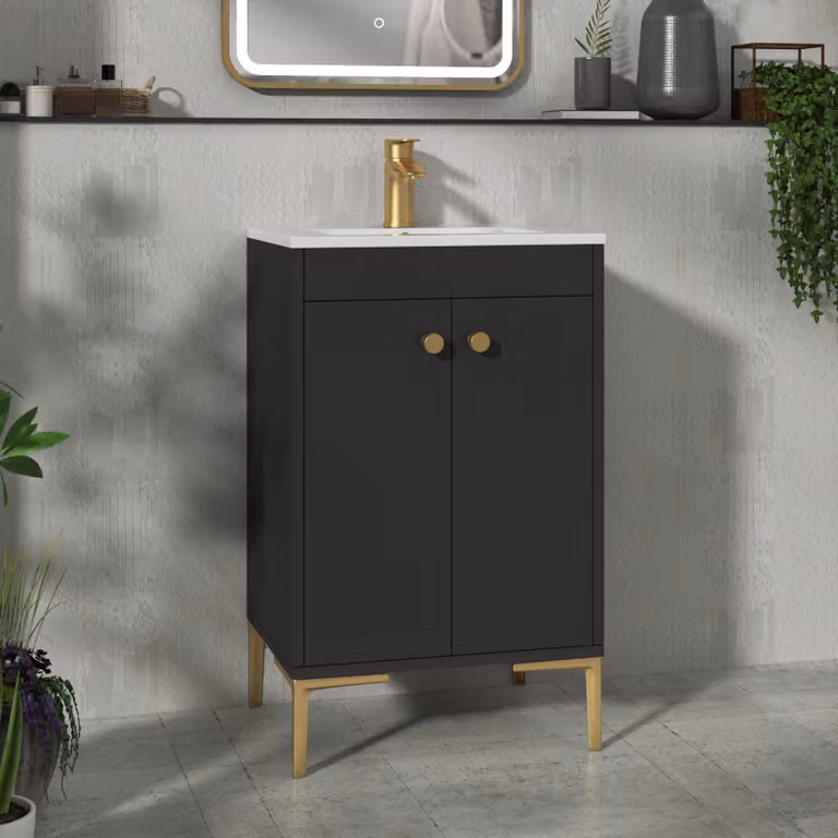 Royal Bathrooms Verona 500mm Matt Black Floor Standing 2 Door Vanity Unit with Minimalist Basin and Brushed Brass Knob