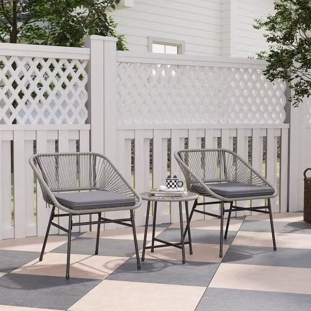 Outsunny Modern Garden Bistro Set with Round Glass Table and 3 Chairs in Grey