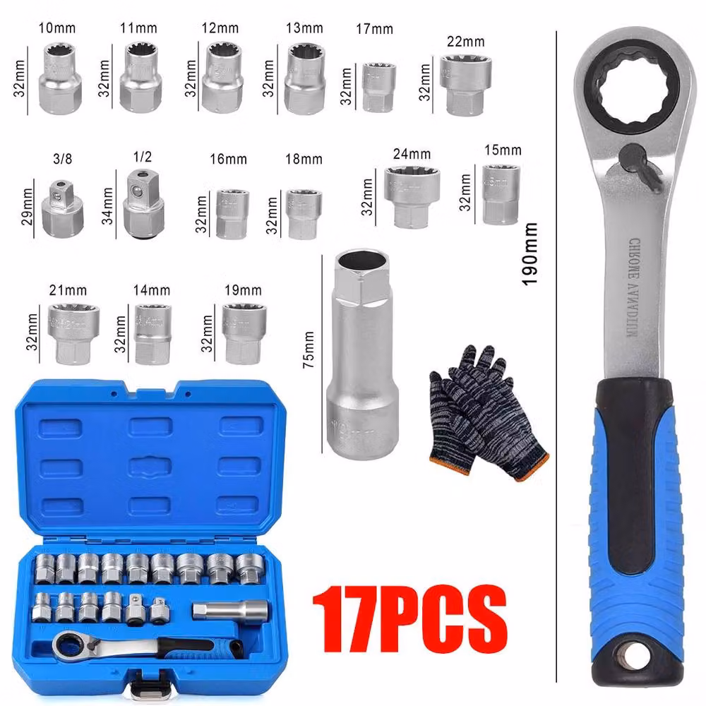 Kelvenix 17-Piece Metric Go-Thru Socket Set with 3/8" and 1/2" Adaptors and Ratchet in Silver – 2