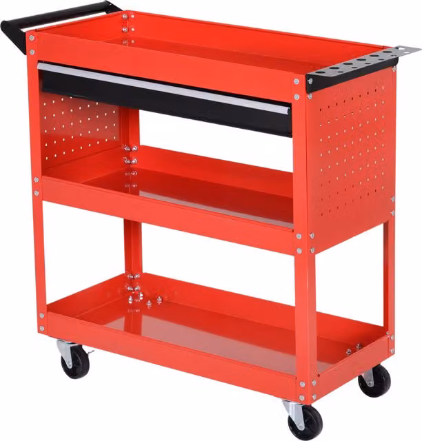 DURHAND 3-Tier Tool Trolley Storage Cart with Drawer, Red – 1