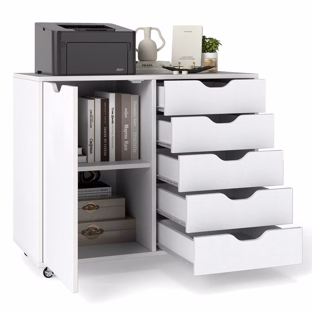 Costway Mobile 5-Drawer Chest with Adjustable Shelf in White – 7