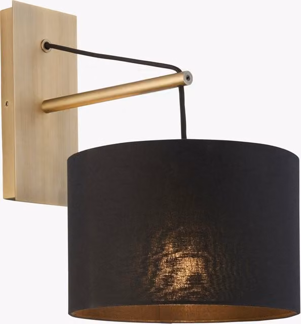 Perch & Parrow Modern Brass Wall Light with Black Fabric Cylinder Shade