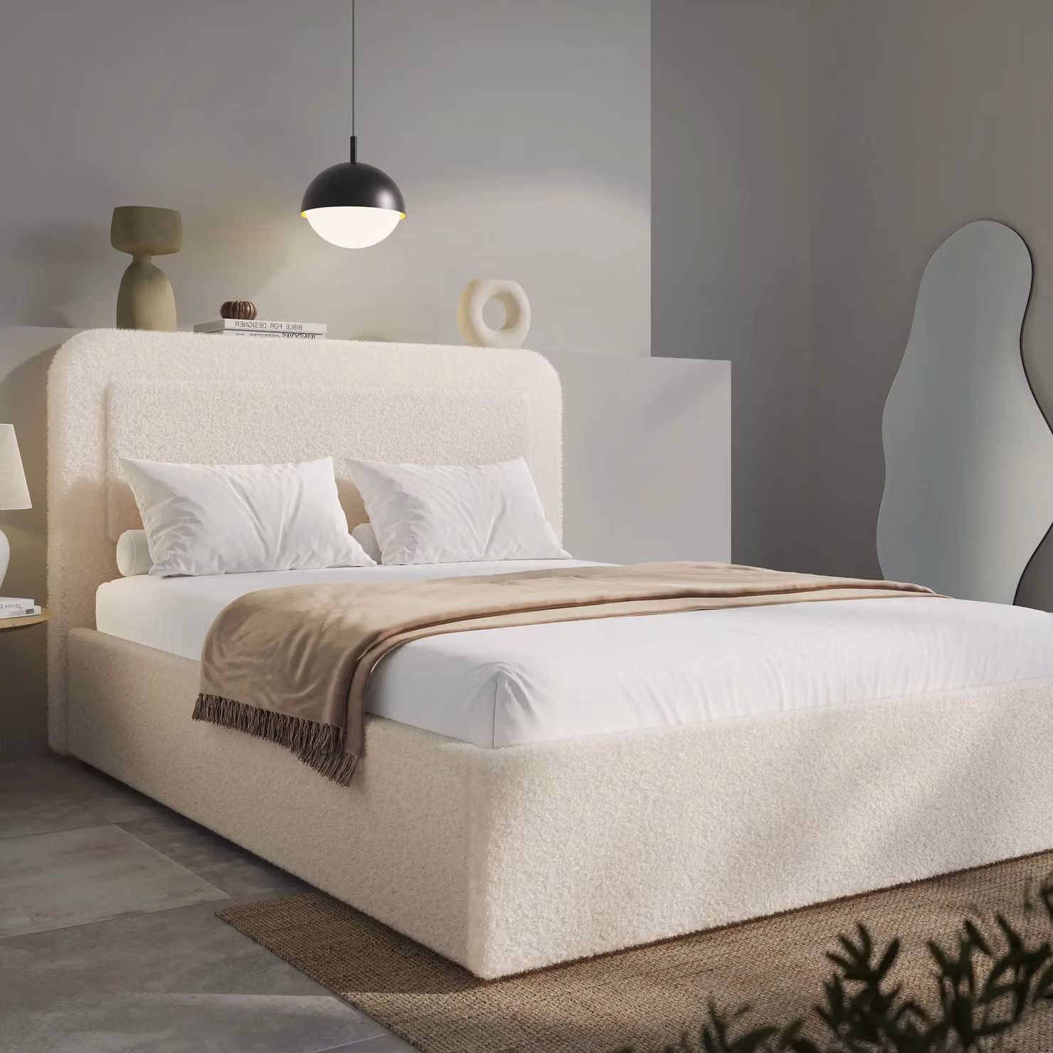 DHS Bouclé Upholstered Ottoman Storage Bed with Curved Headboard in Beige, 180 x 200 cm