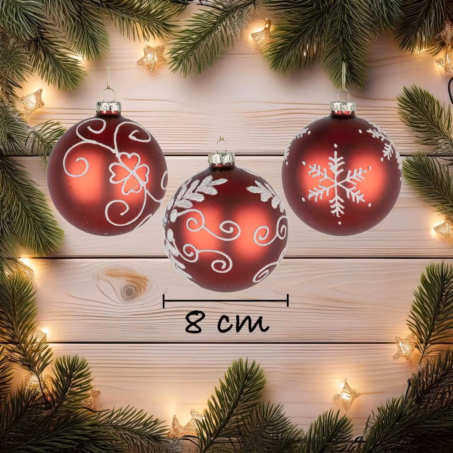Shatchi 12-Piece Set of Glass Christmas Baubles in Red, White and Gold with Floral and Abstract Designs, Diameter: 8 cm – 9
