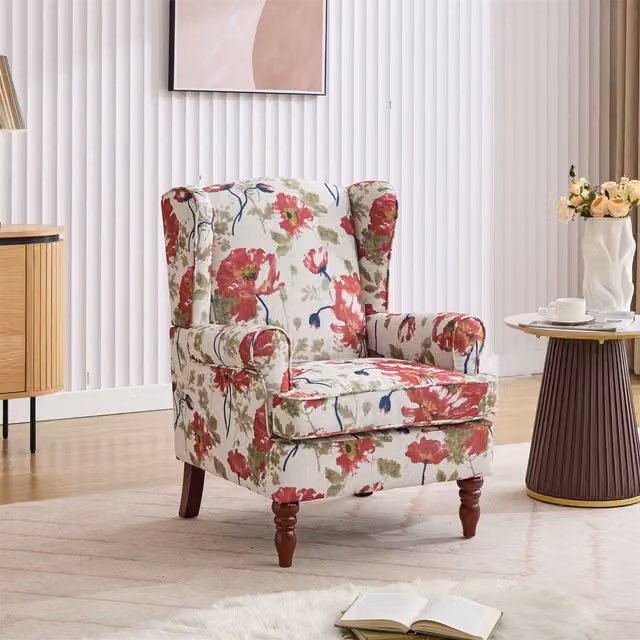 FURNITURE ONE Retro Wingback Armchair in Red Fabric with Solid Wood Legs, W/D/H: 75 x 71 x 96 cm