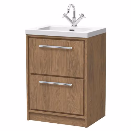 Balterley Floor Standing Vanity Unit with Rectangular Basin and 2 Soft Close Drawers, Antique Oak, W: 61.3 cm, D: 46.2 cm, H: 84.5 cm