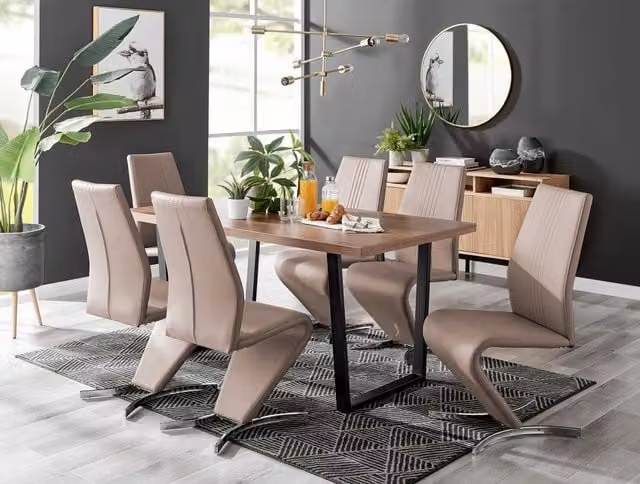 FurnitureboxUK Kylo Large Brown Wood Effect Dining Table and 6 Willow Beige Faux Leather Chairs – 1