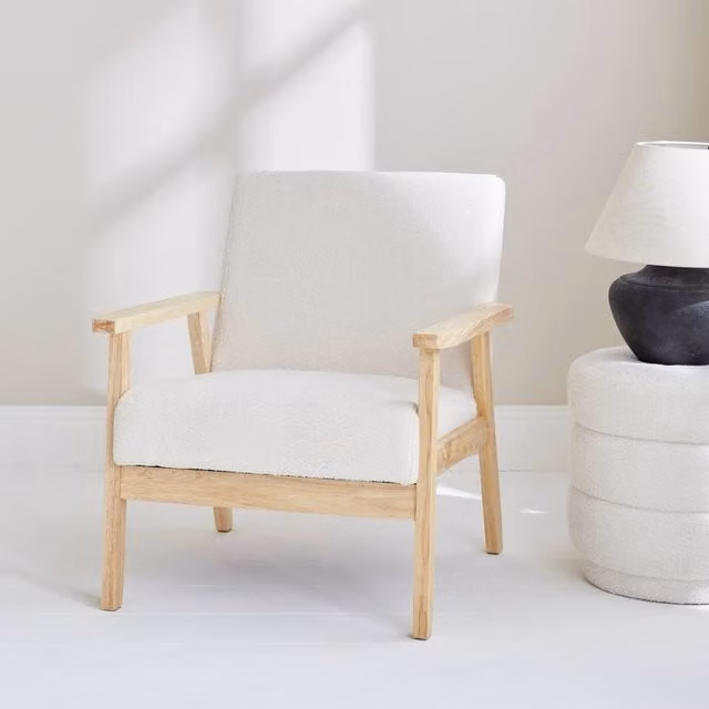 sweeek Scandi-style Wood Frame Armchair in Cream Bouclé Fabric