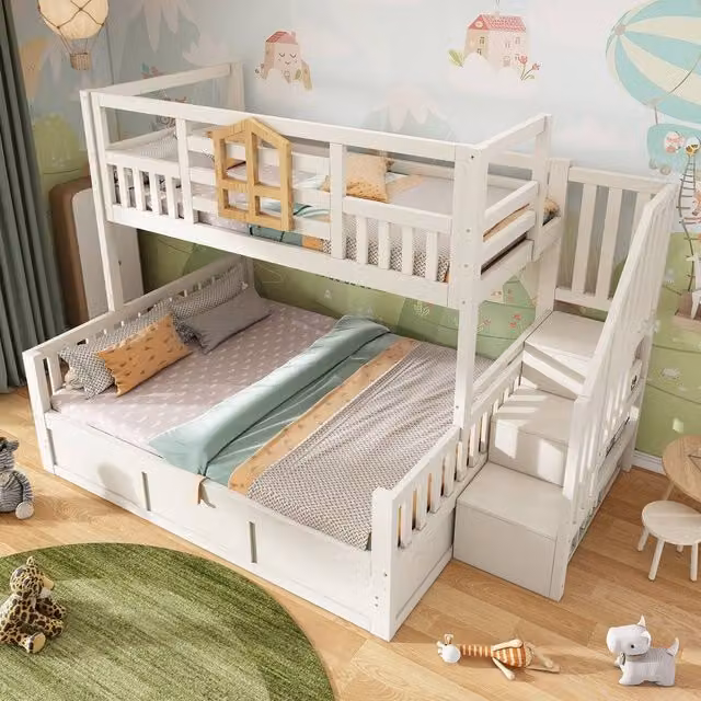 Merax Single Over Double Kids Staircase Bunk Bed with Hydraulic Storage in White and Black – 1