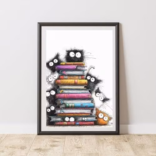 60 SECOND MAKEOVER Peeking Cat Books Print Poster, Black and Multicolour, A4