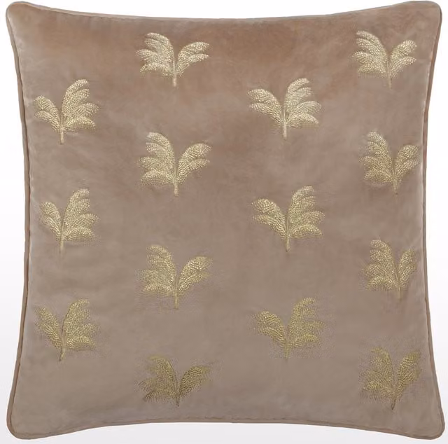 Make It A Home Guilded Palms Embroidered Velvet Cushion in Mink Brown and Beige with Feather and Polyester Filling