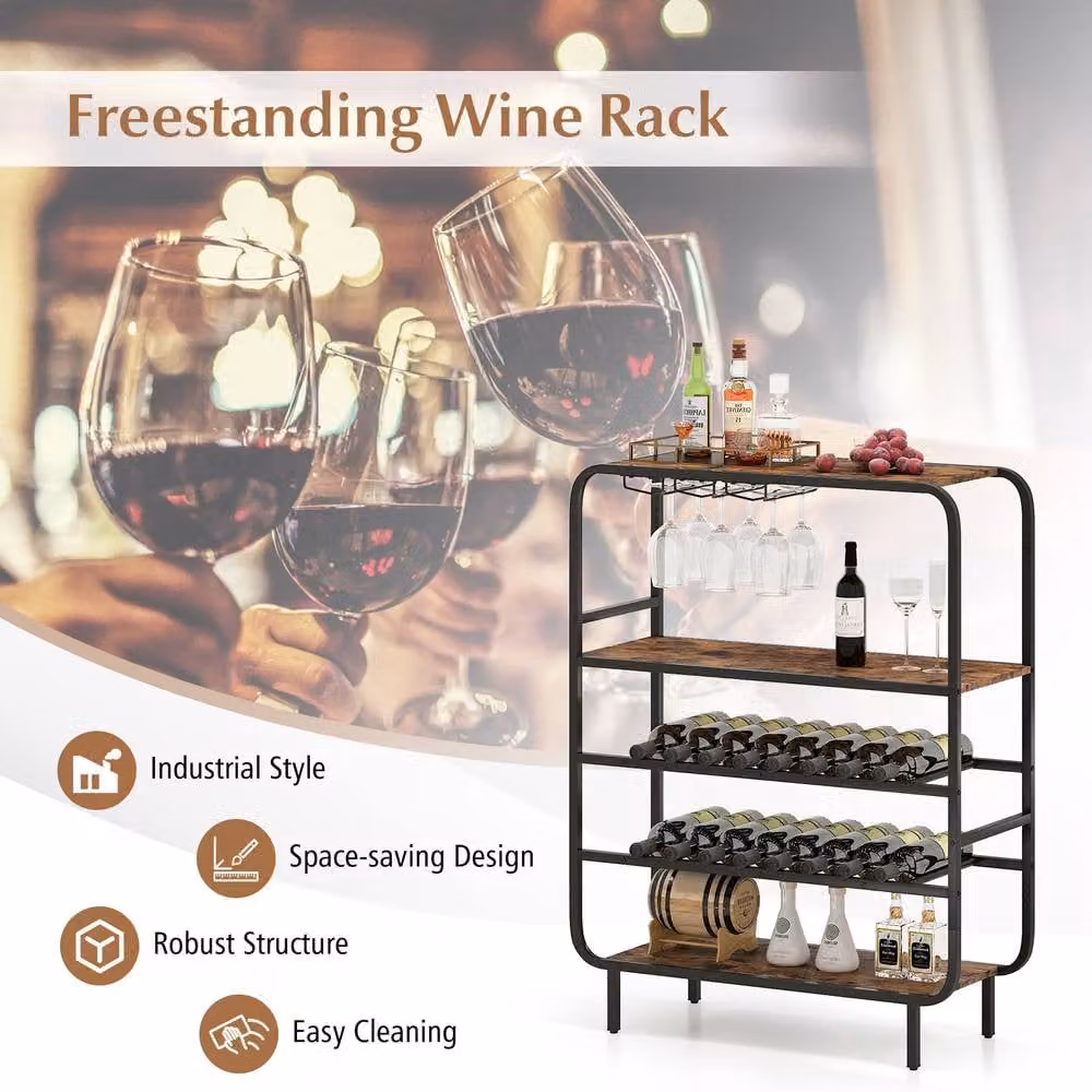 Gymax 5-Tier Metal Wine Rack in Brown with 16 Bottle Capacity and Glass Holders – 3